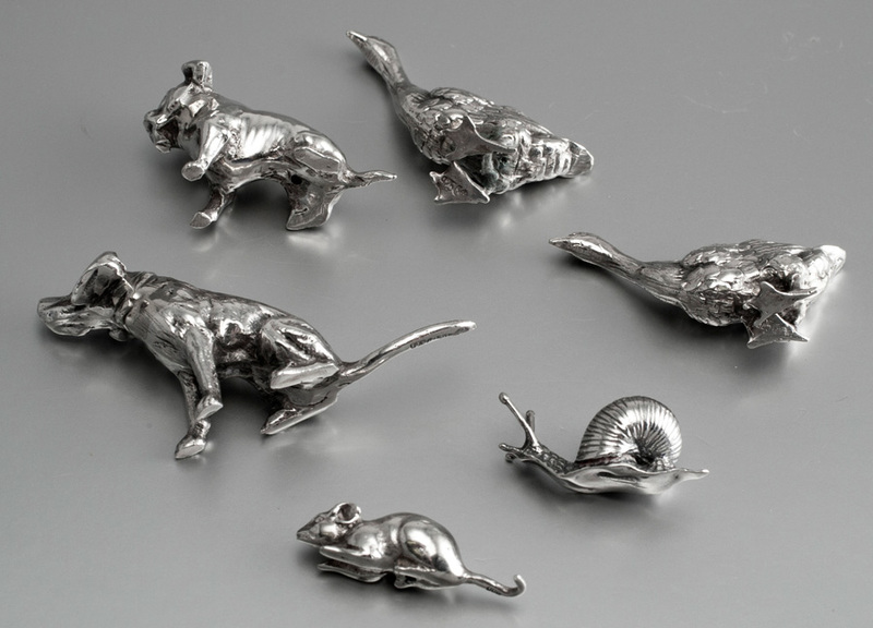 Leopard Antiques Collection of 6 Solid Sterling Silver Miniature Animals -  Dogs, Geese, Snail, Mouse