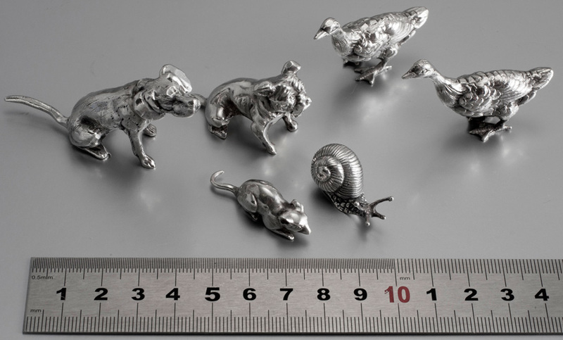Leopard Antiques Collection of 6 Solid Sterling Silver Miniature Animals -  Dogs, Geese, Snail, Mouse