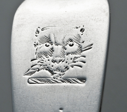 Georgian Silver Tableforks (Set of 6) - 1815, Waterloo - Leopard Head Family Crest, Spear