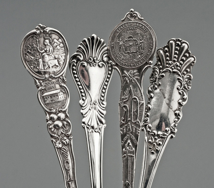 Ten American Sterling Silver Souvenir Spoons - California, Honolulu, Boulder Dam, Philadelphia, Hawaii, Washington, Detroit, Chicago