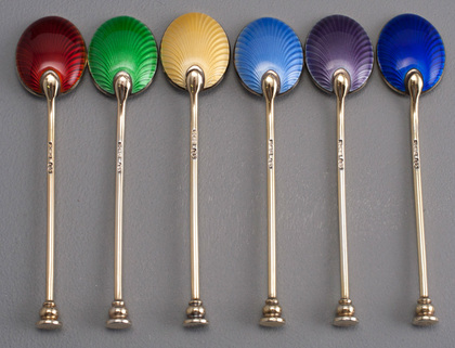 Sterling Silver and Guilloche Enamel Gilded Seal Top Coffee Spoons (Set of 6)  - Art Deco, William Suckling