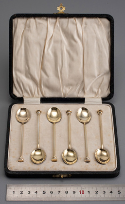 Sterling Silver and Guilloche Enamel Gilded Seal Top Coffee Spoons (Set of 6)  - Art Deco, William Suckling