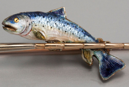 9 Carat Gold and Cast Silver & Enamel Rainbow Trout Fishing Brooch