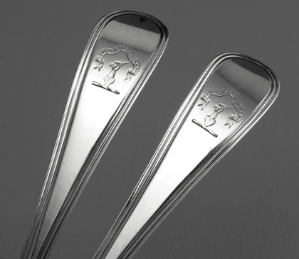 Victorian Silver Toddy Ladles (Pair) - With Heart and Hand, Dudgeon Family Crest, Henry Holland