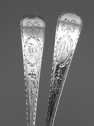 Irish Georgian Silver Bright Cut Bow Tablespoons (Pair)