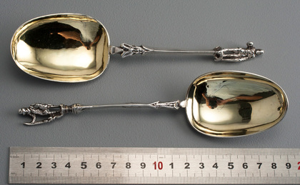 18th Century Dutch Silver Memorial or Figural Spoons (Two) - Amsterdam, Johannes Selling, Delft, Adriaen Brandt