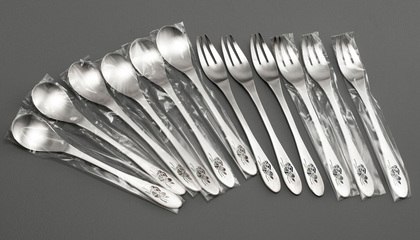 Korean 990 Silver Mandarin Duck Rice Spoon and Fork Set (6 of each) - Prime Minister Republic of Korea - Wedding Present