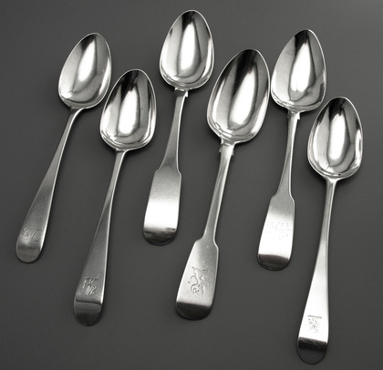 Irish Georgian Silver Tablespoons (Mixed Collection of 6) - Old English, Fiddle Patterns