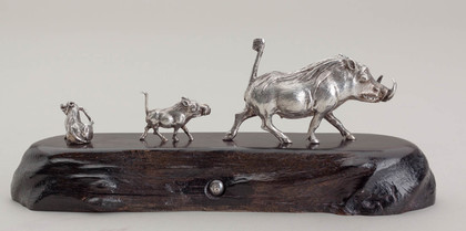 Patrick Mavros Silver Sculpture Warthog Family On Blackwood Base