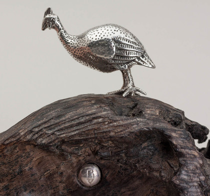 Patrick Mavros Silver Sculpture Guinea Fowl Pair On Wooden Base