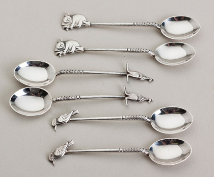 Australian Sterling Silver Fauna & Flora Souvenir Spoons (Set of 6) - Kangaroo, Koala, Kookaburra, Hardy Bros, WJ Sanders