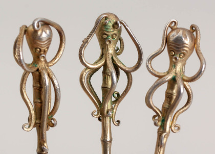 Rare Set of Liberty & Co. Japanese Sterling Silver Octopus Teaspoons (Set of 6) - Sadajiro of Musashiya. 