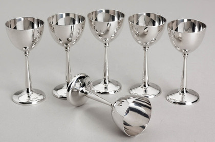 Antique Sterling Silver Miniature Goblets (Set of 6 in Original Wooden Box) - Sherry, Liqueur