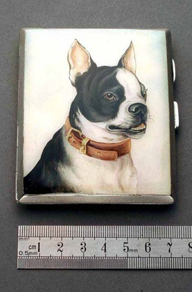 Silver enamel cigarette case - Boston Terrier