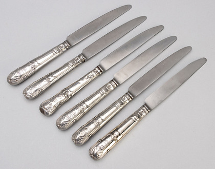 Georgian Irish Silver Knife Set (12, 6 Table knives, 6 Dessert Knives) - James Les Bas, West Retailer, Hamilton Family Crest