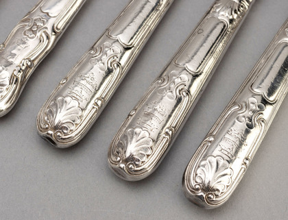 Georgian Irish Silver Knife Set (12, 6 Table knives, 6 Dessert Knives) - James Les Bas, West Retailer, Hamilton Family Crest