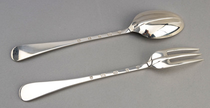Rat-Tail Hanoverian Sterling Silver Basting Spoon & Serving Fork - Haviland-Nye, Golden Jubilee Hallmark