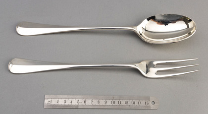 Rat-Tail Hanoverian Sterling Silver Basting Spoon & Serving Fork - Haviland-Nye, Golden Jubilee Hallmark
